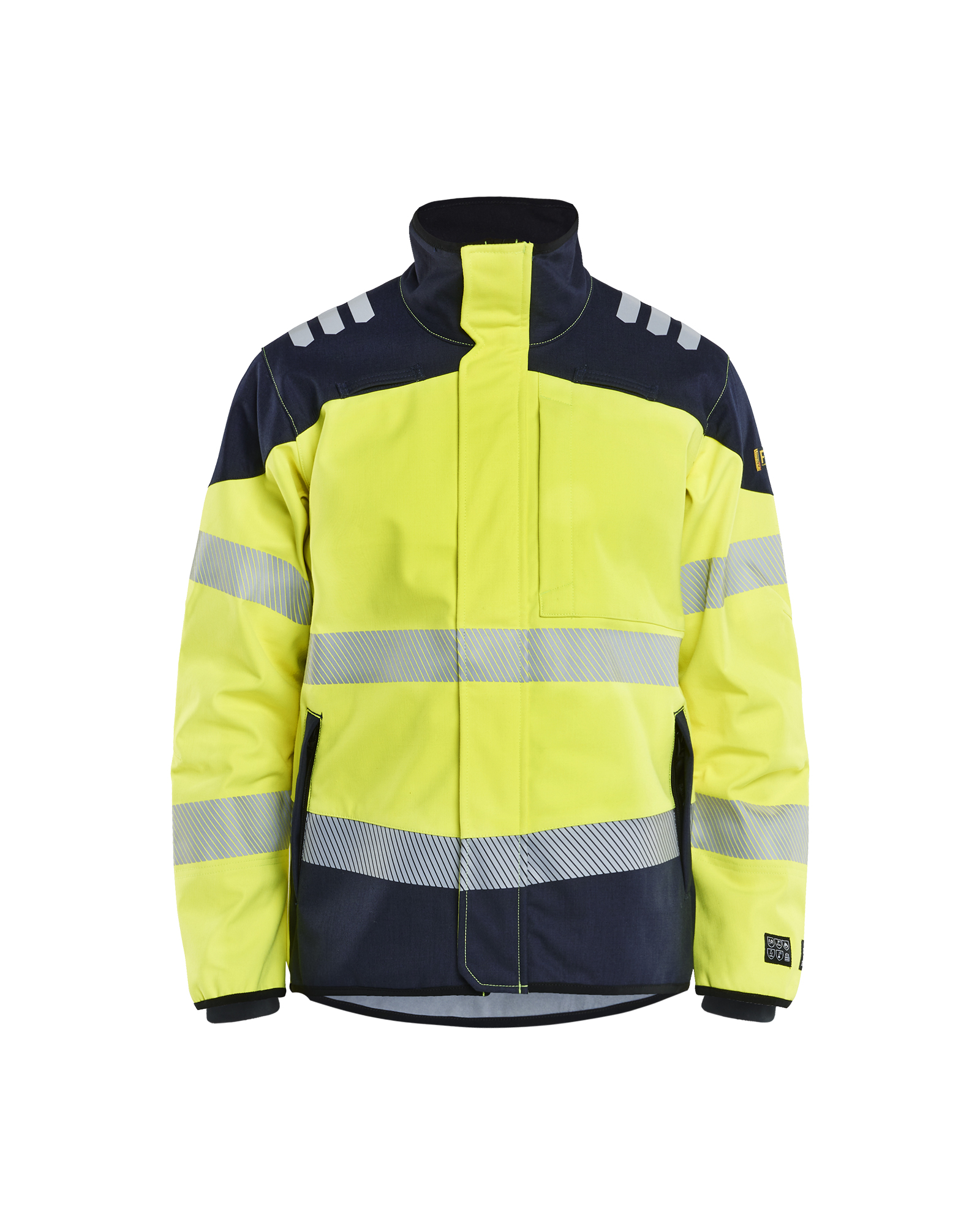 Blåkläder APC 2 Multinorm softshell jack inherent 4948 - High Vis Geel/Marineblauw voorkant