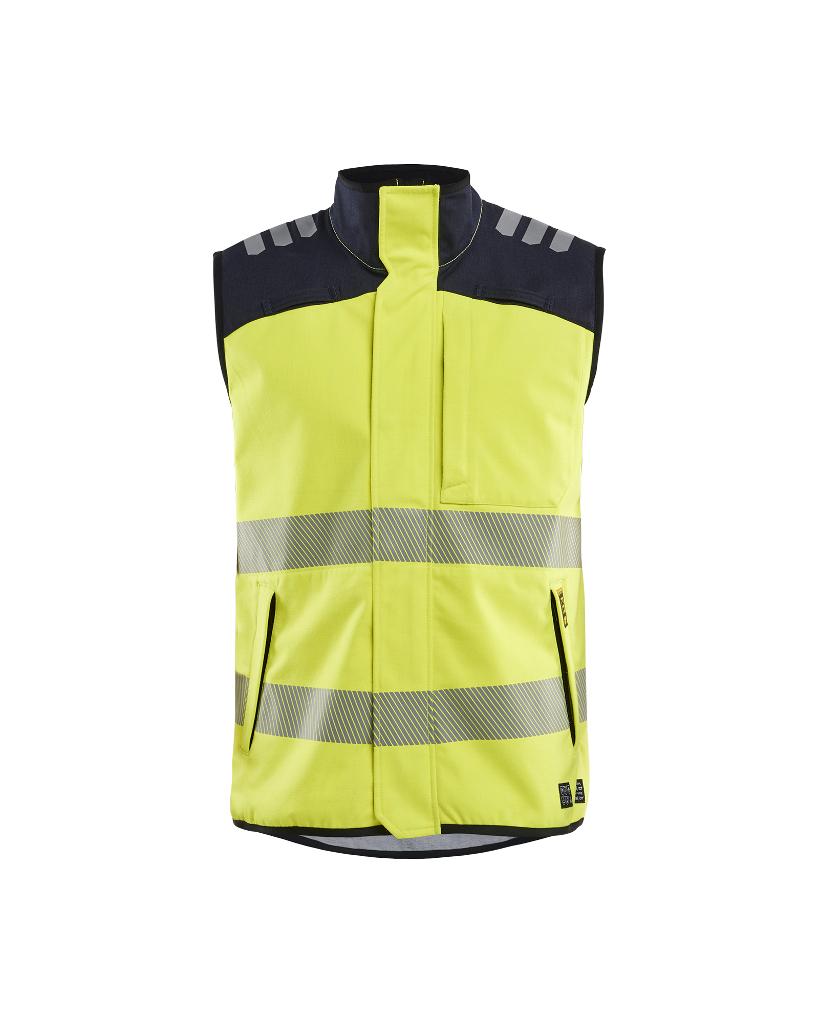 Blåkläder APC 2 Multinorm softshell bodywarmer inherent 3849 - High Vis Geel/Marineblauw voorkant