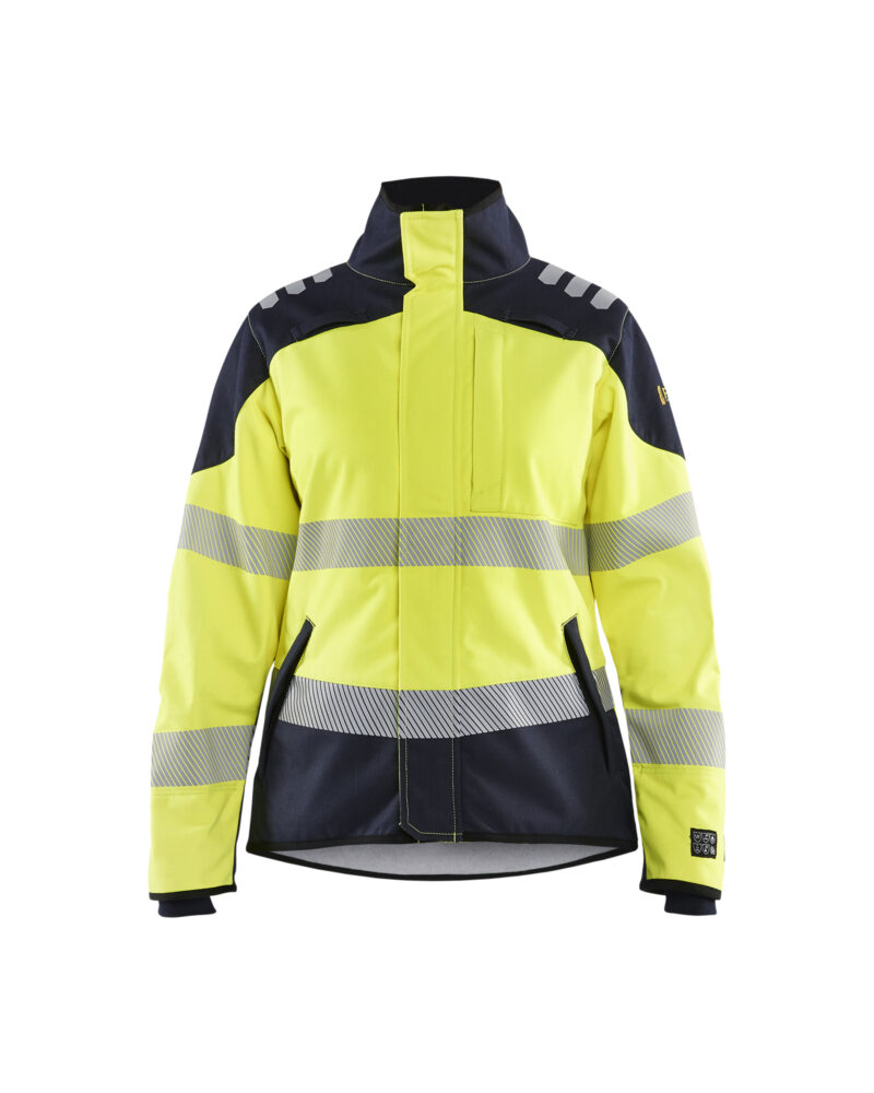 Blåkläder APC 2 Dames Multinorm Softshell jack inherent 4448 - High Vis Geel/Marineblauw voorkant