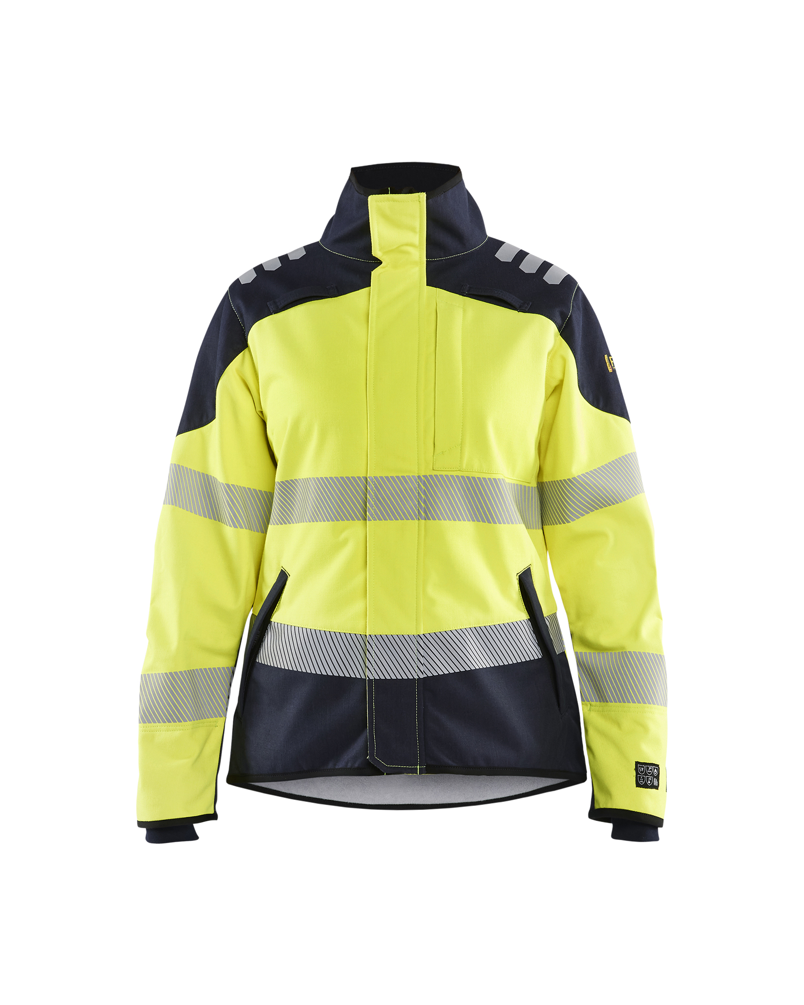 Blåkläder APC 2 Dames Multinorm Softshell jack inherent 4448 - High Vis Geel/Marineblauw voorkant