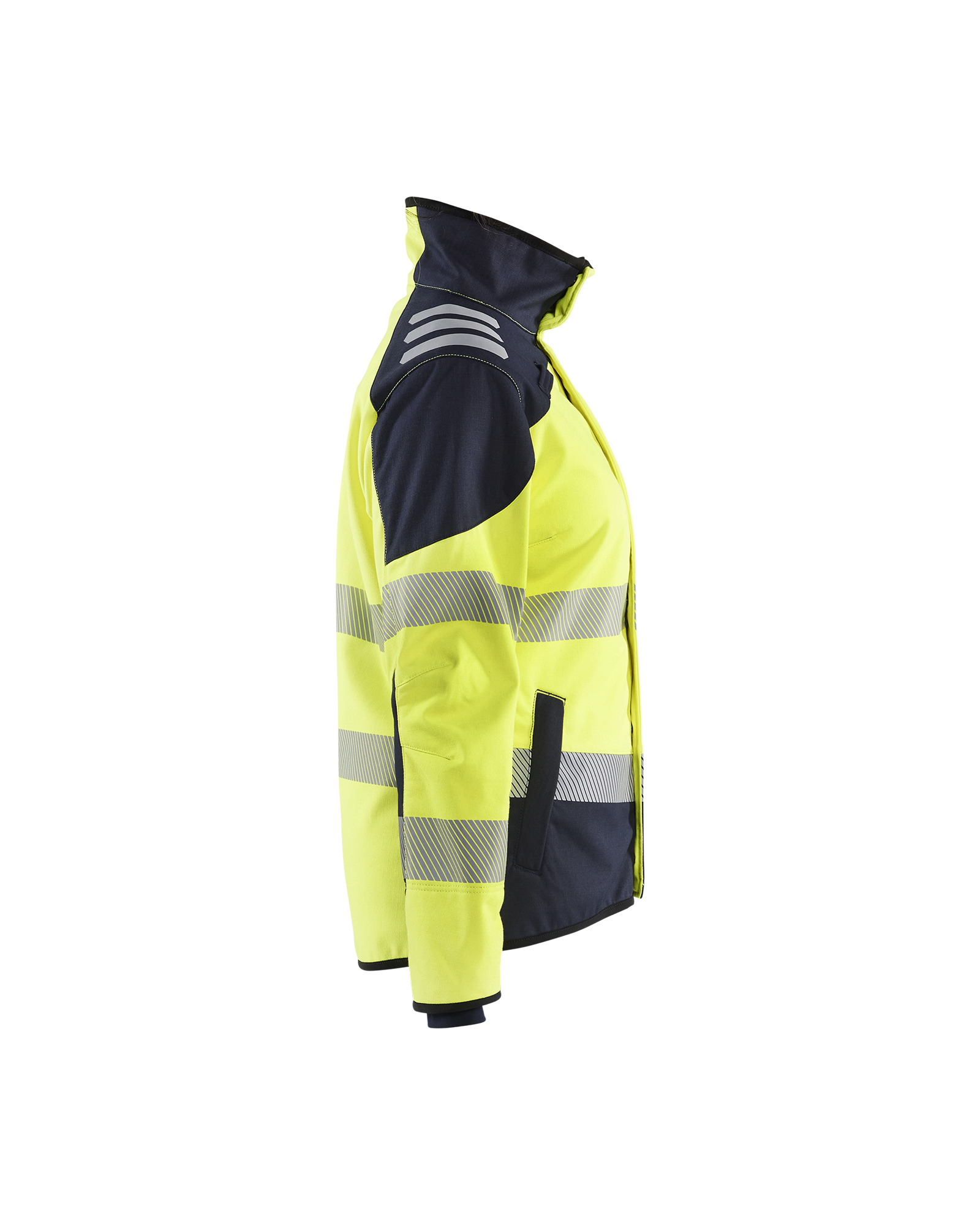 Blåkläder APC 2 Dames Multinorm Softshell jack inherent 4448 - High Vis Geel/Marineblauw zijkant