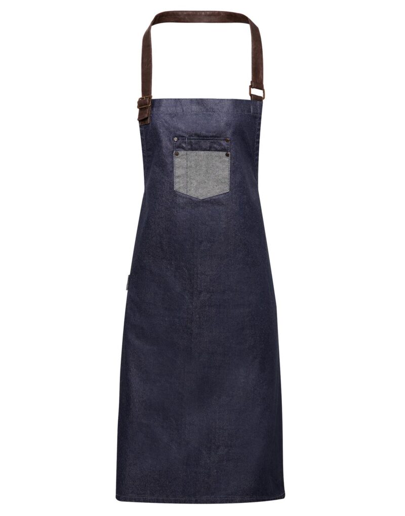 Premier Workwear Division Waxed Look Denim Bib Apron in indigo denim