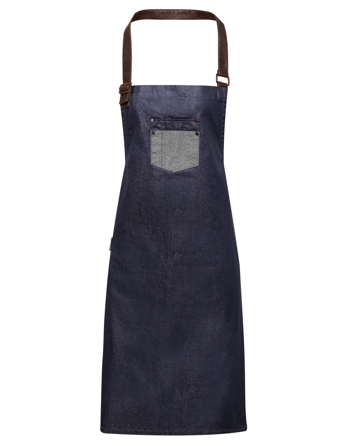 Premier Workwear Division Waxed Look Denim Bib Apron in indigo denim