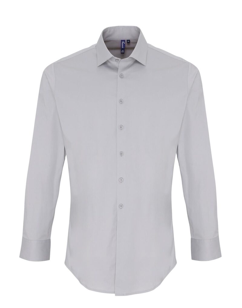 Premier Workwear Men´s Stretch Fit Poplin Long Sleeve Shirt Heren in zilver