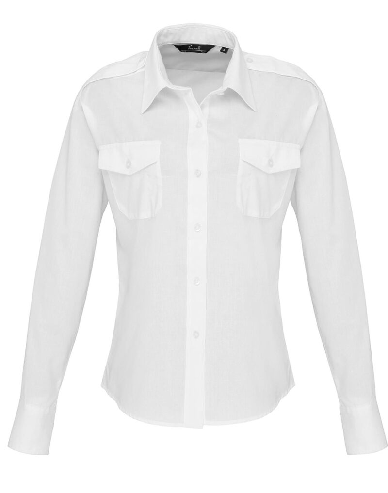 Premier Workwear Women´s Long Sleeve Pilot Shirt Dames in wit